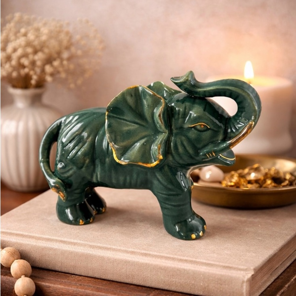 Green Ceramic Elephant Figurine Gold Trim Trunk Up Good Luck 6” Vintage